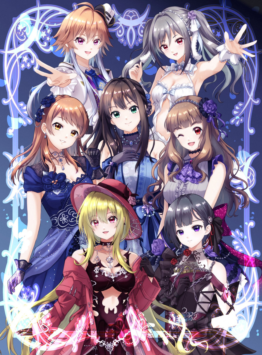 6+girls ahoge androgynous arm_at_side armpit_crease armpits arms_at_sides ascot asymmetrical_bangs asymmetrical_dress asymmetrical_hair asymmetrical_sleeves back_bow bare_arms bare_shoulders bat_wings beads belly_chain black_choker black_gloves black_hair black_ribbon blonde_hair blue_border blue_bow blue_dress blue_flower blue_gemstone blue_necktie blunt_bangs blush border bow bowtie braid breasts brown_hair buttons center-flap_bangs chain choker cleavage closed_mouth clothing_cutout coat collarbone collared_jacket collared_shirt commentary_request corset criss-cross_straps cutout_below_navel dangle_earrings dark_illuminate_(idolmaster) dot_nose double-parted_bangs dress dress_bow earrings eyelashes feathers fingernails floral_print floral_print_dress floral_print_headwear floral_print_skirt flower frilled_dress frilled_gloves frilled_jacket frilled_ribbon frilled_shirt frilled_skirt frilled_sleeves frilled_wrist_cuffs frills gem glove_bow gloves gradient_border grey_hair grey_ribbon grey_shirt hair_between_eyes hair_flower hair_ornament hair_ribbon hairband halter_dress halterneck hand_on_own_chest hand_up hands_up hat hat_feather high_collar highres hojo_karen idol idol_clothes idolmaster idolmaster_cinderella_girls idolmaster_cinderella_girls_starlight_stage jacket jewelry kamiya_nao kanzaki_ranko kurosaki_chitose lace lace-trimmed_dress lace_trim layered_dress layered_skirt light_blush light_smile lock long_bangs long_hair long_sleeves looking_at_viewer low_neckline mayu_(mayuuu_p) medium_bangs medium_breasts medium_hair mini_hat multicolored_clothes multicolored_dress multicolored_hair multiple_girls navel_cutout necklace necktie ninomiya_asuka off_shoulder official_alternate_costume official_alternate_hairstyle one_eye_closed open_clothes open_coat open_jacket open_mouth orange_hair ornate_border outside_border pearl_(gemstone) pearl_necklace pendant pink_eyes pink_flower pink_rose purple_ascot purple_eyes purple_flower purple_ribbon purple_rose purple_skirt reaching reaching_towards_viewer red_coat red_dress red_eyes red_flower red_gemstone red_hat red_rose ribbon ring rose shibuya_rin shirayuki_chiyo shirt short_hair short_sleeves sidelocks single_sleeve skirt sleeveless sleeveless_dress sleeveless_shirt small_breasts smile standing straight-on straight_hair streaked_hair sun_hat swept_bangs tongue triad_primus_(idolmaster) twintails underbust undershirt v vampire_costume velvet_rose_(idolmaster) waist_bow waist_sash wavy_hair white_bow white_bowtie white_dress white_gemstone white_hair white_hairband white_hat white_jacket white_ribbon white_shirt white_undershirt white_wrist_cuffs wings wrist_cuffs