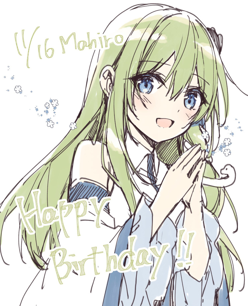 1girl :d bangs bare_shoulders blue_eyes blue_flower commentary_request dated detached_sleeves eyebrows_visible_through_hair flower green_hair hair_between_eyes hair_ornament hands_up happy_birthday highres kochiya_sanae long_hair long_sleeves mochizuki_shiina open_mouth simple_background smile snake_hair_ornament solo steepled_fingers touhou white_background white_flower white_sleeves wide_sleeves