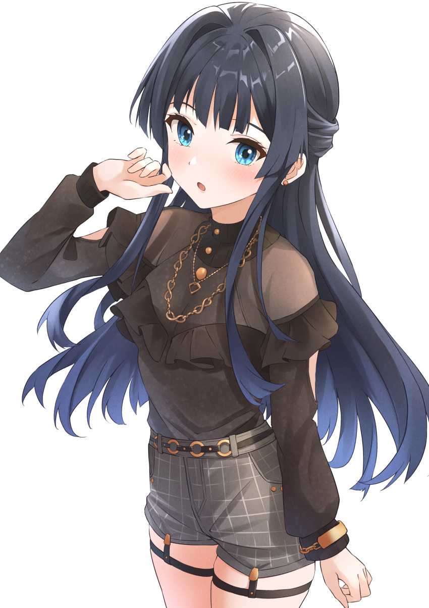 1girl :o absurdres b1ack_illust black_hair black_shirt black_shorts blue_eyes blush chain_necklace hair_intakes highres idolmaster idolmaster_million_live! jewelry long_hair long_sleeves looking_at_viewer mogami_shizuka necklace shirt shorts simple_background solo very_long_hair white_background