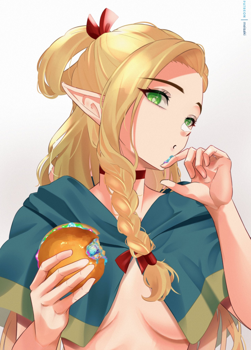 1girl artist_name blonde_hair braid breasts dungeon_meshi eyelashes food green_eyes highres holding holding_food long_hair looking_at_viewer marcille_donato meisaki patreon_username pointy_ears simple_background small_breasts solo white_background