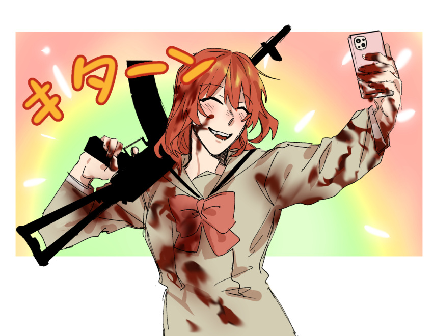 1girl blood blood_on_clothes blood_on_face blood_on_hands blush bocchi_the_rock! bow bowtie brown_sailor_collar brown_shirt cellphone closed_eyes commentary gun holding holding_gun holding_phone holding_weapon kita_ikuyo long_hair long_sleeves open_mouth phone rainbow red_bow red_bowtie red_hair sailor_collar salt66666 selfie shirt smartphone smile solo taking_picture translated upper_body weapon weapon_request