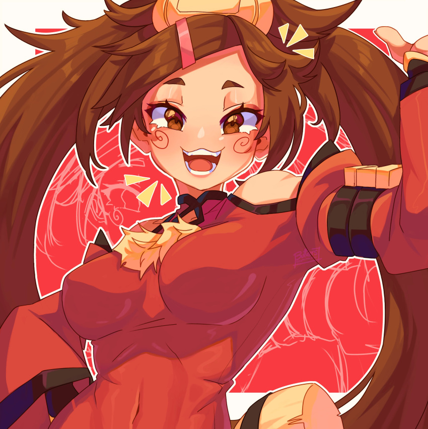 1girl absurdres bare_shoulders blush breasts brown_eyes brown_hair china_dress chinese_clothes covered_navel detached_sleeves dress guilty_gear guilty_gear_xrd guilty_gear_xx hair_rings highres kuradoberi_jam long_hair looking_at_viewer medium_breasts open_mouth red_dress red_sleeves smile supacreamss very_long_hair wide_sleeves