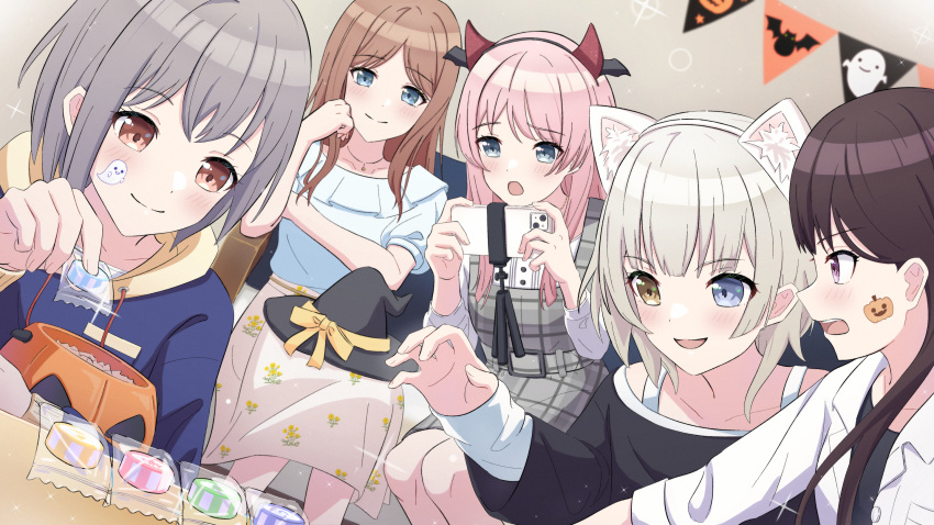 5girls animal_ears bang_dream! bang_dream!_it's_mygo!!!!! black_shirt blue_eyes blue_hoodie blue_shirt brown_eyes brown_hair candy cat_ears cellphone chihaya_anon closed_mouth collared_shirt commentary drawstring dress dutch_angle fake_animal_ears fake_horns food grey_dress grey_eyes grey_hair halloween hat heterochromia highres holding holding_candy holding_food holding_phone hood hoodie horns kaname_raana long_hair medium_hair multiple_girls mygo!!!!!_(bang_dream!) nagasaki_soyo novi_visual off-shoulder_shirt off_shoulder phone pinafore_dress pink_hair purple_eyes shiina_taki shirt short_hair short_sleeves skirt sleeveless sleeveless_dress smartphone smile sparkle sticker_on_face symbol-only_commentary takamatsu_tomori taking_picture tripod unworn_hat unworn_headwear white_hair white_shirt white_skirt witch_hat wolf_cut yellow_eyes