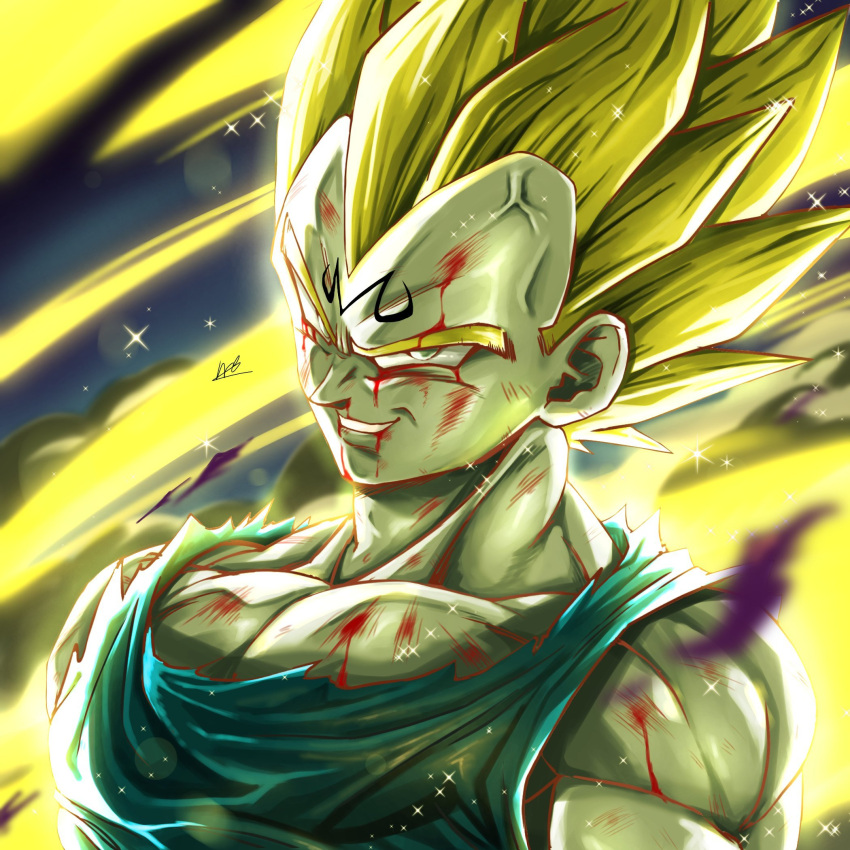 1boy aura blonde_hair blood blood_on_body blood_on_face close-up dragon_ball dragon_ball_z facial_mark forehead_mark green_eyes highres injury long_hair looking_at_viewer majin_vegeta male_focus medium_hair muscular muscular_male powering_up sekitsuki_hayato shirt signature smile solo sparkle spiked_hair super_saiyan super_saiyan_2 torn_clothes torn_shirt vegeta veins