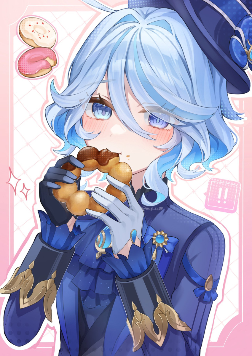 ! !! 1girl ahoge artist_name ascot asymmetrical_gloves black_gloves blue_ascot blue_bow blue_eyes blue_gemstone blue_hair blue_hat blue_jacket blush border bow brooch closed_mouth commentary_request doughnut drop-shaped_pupils eating eyelashes food food_on_face frilled_sleeves frills furina_(genshin_impact) gem genshin_impact gloves hair_between_eyes hair_intakes half_gloves hands_up hat hat_bow heterochromia highres holding holding_food jacket jewelry lapels long_sleeves looking_at_viewer mismatched_gloves mismatched_pupils mokankan multicolored_hair open_clothes open_jacket outline outside_border parted_bangs pink_border pink_outline short_hair sidelocks simple_background sleeve_cuffs solo sparkle speech_bubble spoken_exclamation_mark streaked_hair swept_bangs symbol-shaped_pupils tilted_headwear top_hat twitter_username upper_body white_background white_gloves white_hair white_outline