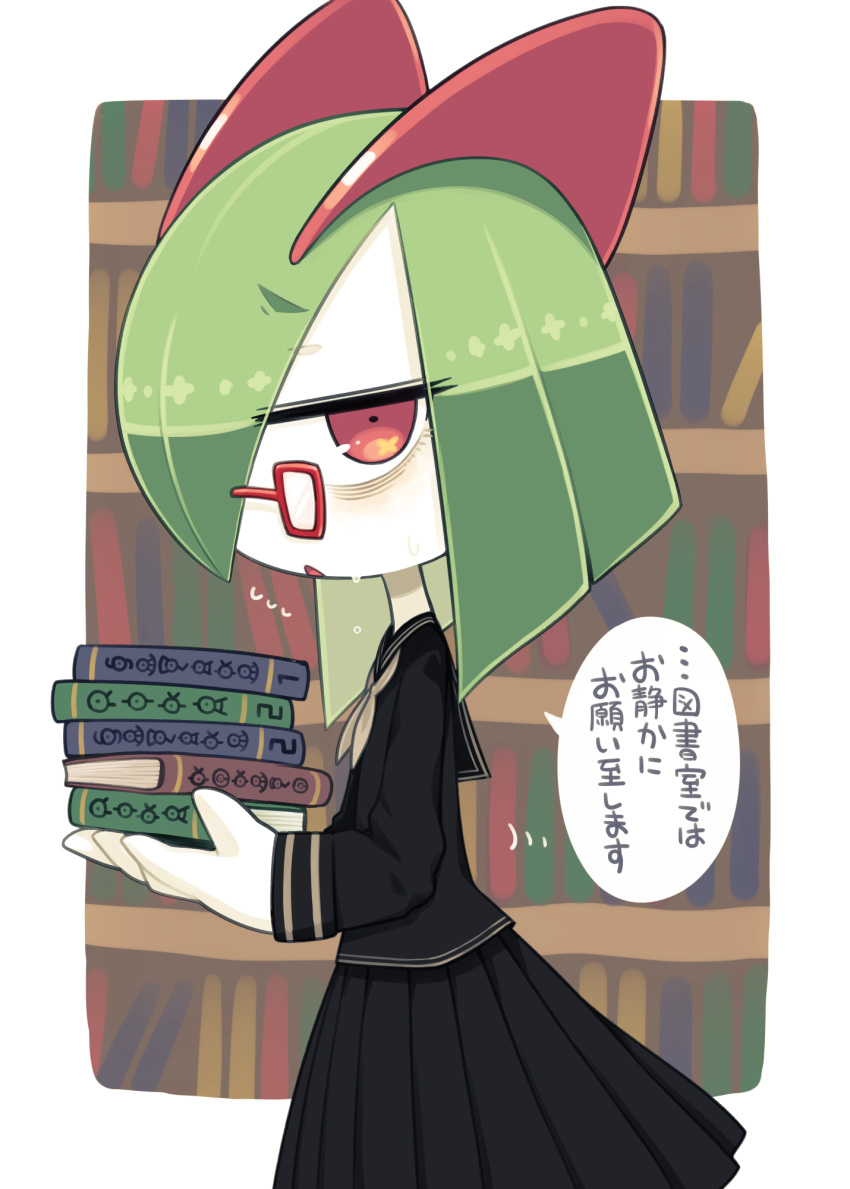 bags_under_eyes black_serafuku black_skirt book book_stack bookshelf flying_sweatdrops from_side glasses green_hair highres holding holding_book ino_(tellu0120) kirlia library looking_at_viewer parted_lips pink_eyes pleated_skirt pokemon pokemon_(creature) school_uniform serafuku sidelocks skirt speech_bubble translation_request unownglyphics