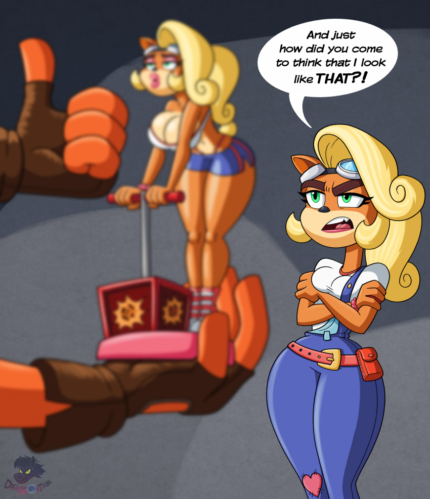2020 absurd_res activision annoyed anthro bandicoot bare_arms bare_legs belt bent_over big_breasts black_nose blonde_hair blu3danny blue_bottomwear blue_clothing blue_overalls blue_shorts bottomwear breasts brown_gloves cleavage clothed clothing coco_bandicoot crash_bandicoot crash_bandicoot_(series) crossed_arms curled_hair detonator dialogue duo english_text explosives eyebrows eyelashes eyewear female figurine fingerless_gloves footwear fur gesture gloves goggles green_eyes hair half-closed_eyes handwear hi_res holding_object hotpants lips male mammal marsupial midriff minishorts narrowed_eyes open_mouth orange_body orange_fur patch_(fabric) pink_belt pink_clothing pink_footwear pink_shoes ponytail pouch_(disambiguation) presenting raised_eyebrow shirt shoes shorts skimpy small_waist speech_bubble tan_body tan_fur tank_top teeth text thick_lips thick_thighs thong thumbs_up tnt tongue topwear underwear unimpressed utility_belt video_games white_clothing white_shirt white_tank_top white_topwear wide_hips