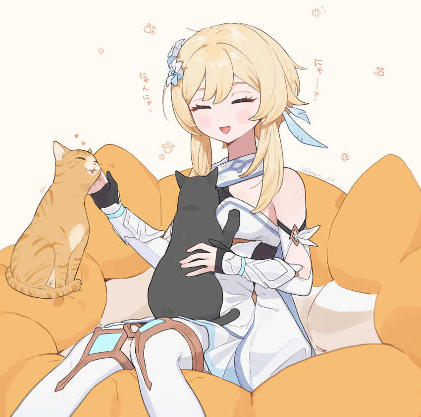 1girl animal_on_lap bare_shoulders black_cat black_gloves blonde_hair cat cat_on_lap closed_eyes commentary_request dress feather_hair_ornament feathers feet_out_of_frame flower genshin_impact gloves hair_flower hair_ornament highres knees_together_feet_apart lumine_(genshin_impact) on_lap open_clothes orange_cat partially_fingerless_gloves petting q_(oshikuraq) short_hair_with_long_locks sitting solo vambraces white_dress white_footwear white_sleeves wrist_cuffs