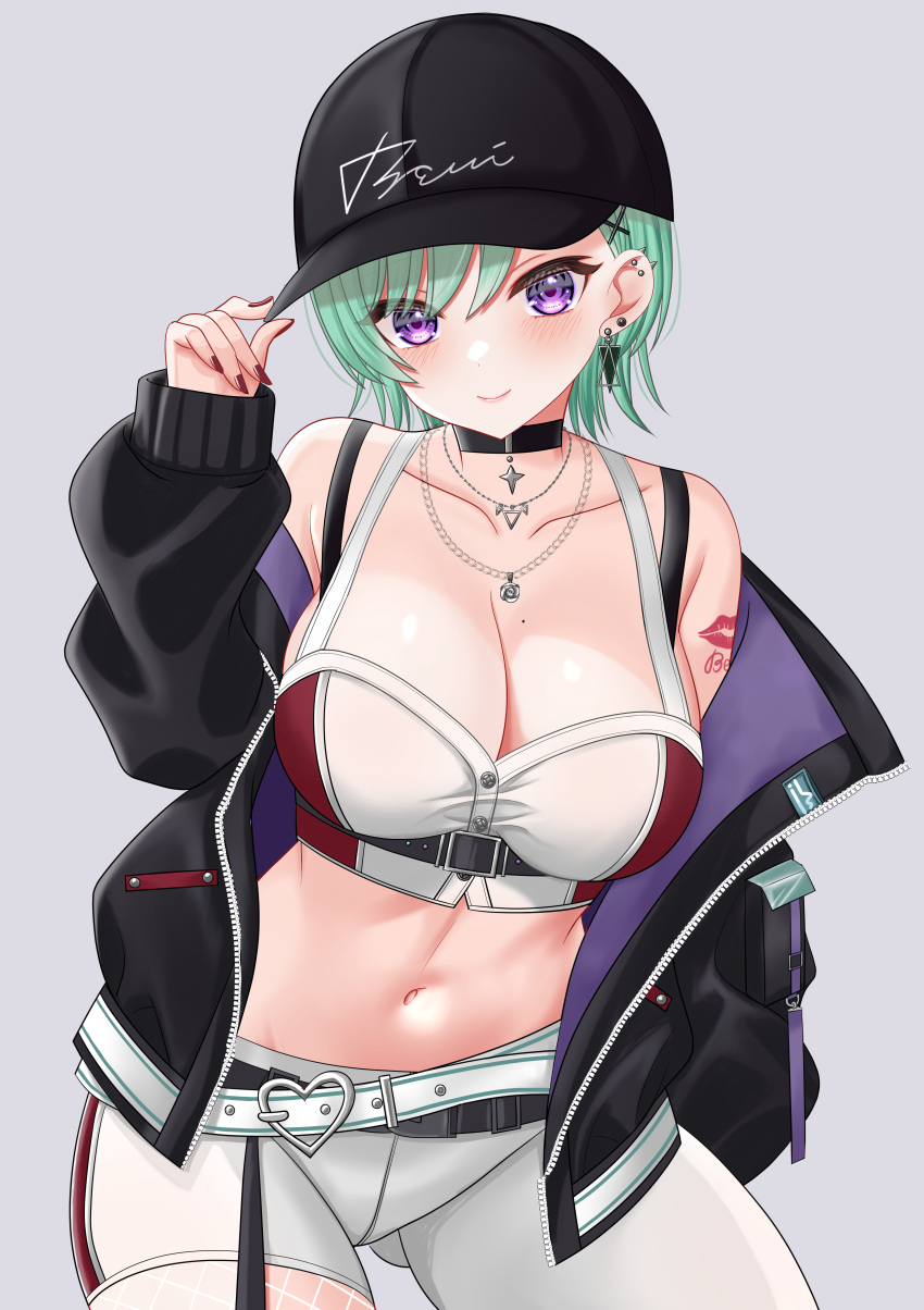 1girl absurdres asymmetrical_pants barbell_piercing bare_shoulders baseball_cap belt black_belt black_hat black_jacket blush bra_strap breasts bustier character_name chest_belt cleavage contrapposto cowboy_shot crop_top ear_piercing earrings green_hair hair_ornament hand_in_pocket haruo860 hat highres jacket jewelry large_breasts looking_at_viewer loose_belt midriff mole mole_on_breast navel necklace off_shoulder open_clothes open_jacket pants piercing purple_eyes purple_jacket red_bustier red_nails short_hair shoulder_tattoo simple_background smile solo stomach tattoo triangle_earrings two-sided_fabric two-sided_jacket virtual_youtuber vspo! white_belt white_bustier white_pants x_hair_ornament yakumo_beni_(4th_costume) zipper