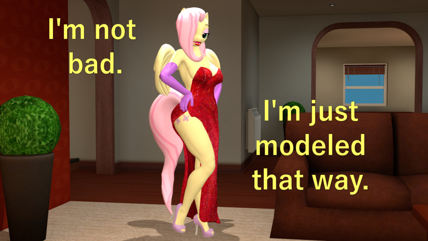 3d_(artwork) anthro armwear biped breasts clothed clothing dialogue digital_media_(artwork) disney dress elbow_gloves equid equine feathered_wings feathers female fluttershy_(mlp) footwear friendship_is_magic furniture gloves hair hand_on_hip handwear hasbro hi_res high_heels jessica_rabbit looking_at_viewer mammal my_little_pony mythological_creature mythological_equine mythology papadragon69 pegasus pink_hair sofa solo standing text thick_thighs who_framed_roger_rabbit wings yellow_body