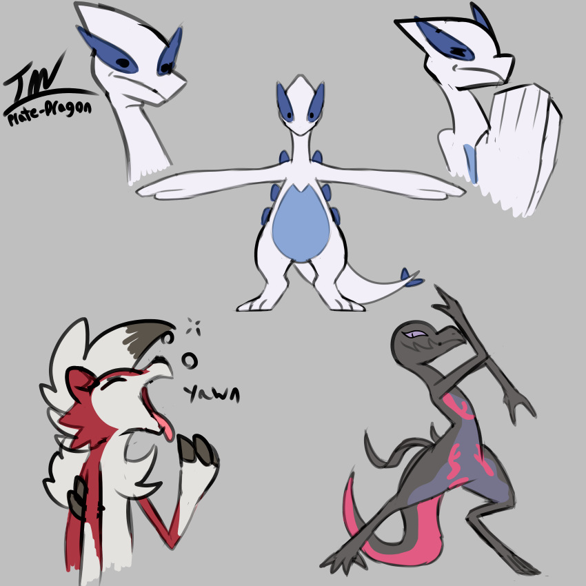 1:1 2020 absurd_res ambiguous_gender anthro eyes_closed front_view grey_background hi_res jojo_pose legendary_pok&eacute;mon lugia lycanroc multiple_images nintendo open_mouth pok&eacute;mon pok&eacute;mon_(species) prate salazzle signature simple_background standing t-pose tongue tongue_out video_games yawn