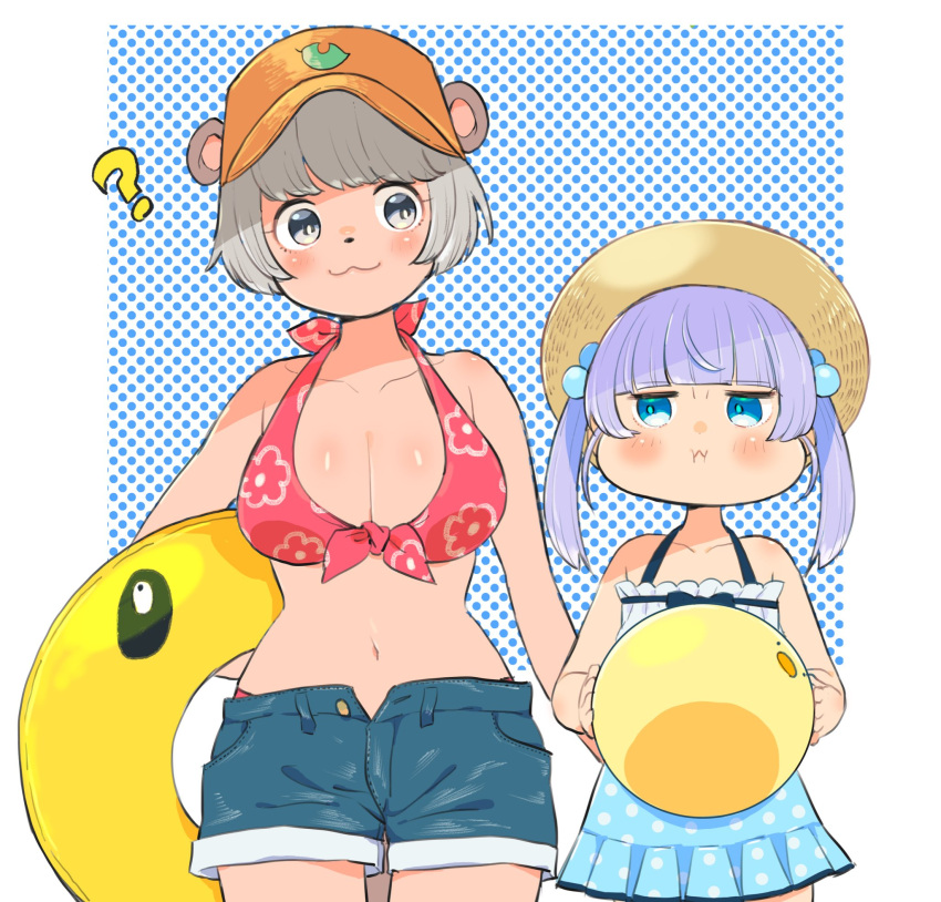 2girls ? alternate_costume animal_ears animal_nose ball bare_shoulders baseball_cap beachball bikini blue_background blue_eyes blunt_bangs blush border breast_envy breasts carrying carrying_under_arm cleavage closed_mouth commentary_request cowboy_shot denim denim_shorts frilled_one-piece_swimsuit frills front-tie_bikini_top front-tie_top grey_eyes grey_hair hair_bobbles hair_ornament hat height_difference highres holding holding_ball holding_swim_ring large_breasts looking_at_another looking_to_the_side mochi_hiyoko mochipro mode_aim multiple_girls navel ohitori_(o_hitori_sama_1) one-piece_swimsuit orange_hat polka_dot polka_dot_background ponpoko_(vtuber) pout puffy_cheeks purple_hair raccoon_ears raccoon_girl red_bikini short_hair shorts side-by-side smile standing stomach sun_hat swim_ring swimsuit twintails virtual_youtuber white_border