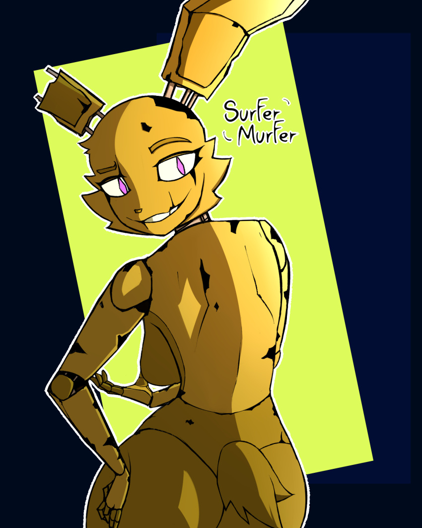 animatronic anthro breasts female five_nights_at_freddy's five_nights_at_freddy's_3 green_body grin hand_on_butt heart_symbol hi_res humanoid lagomorph leporid looking_at_viewer looking_back machine mammal nude purple_eyes rabbit rabbit_ears robot scottgames smile solo springtrap_(fnaf) surfer_murfer tail wide_hips