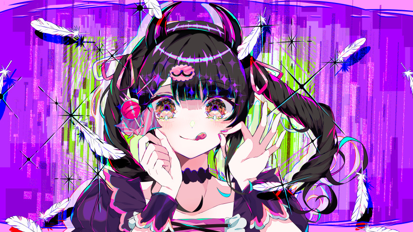 1girl absurdres black_hair black_hairband blunt_bangs blush brown_eyes candy cevio choker closed_mouth commentary_request demon_horns denonbu dress fake_horns food hair_ribbon hairband hands_up highres holding holding_candy holding_food holding_lollipop horns lollipop long_hair looking_at_viewer nail_polish official_art ok_sign pink_nails pink_ribbon puffy_sleeves purple_choker purple_dress reml ribbon smile solo sparkle straight-on tongue tongue_out twintails upper_body wrist_cuffs zarame_yuki