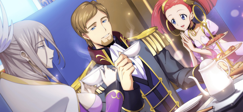 1boy 2girls artist_request ascot beard black_choker blue_eyes blue_vest blurry blurry_foreground breasts brown_hair carine_ne_britannia child choker code_geass code_geass:_lost_stories collarbone cookie cup dress drink dutch_angle epaulettes facial_hair flat_chest food forehead game_cg grey_eyes grey_hair grey_jacket grin guinevere_de_britannia half-closed_eyes hand_up hands_up happy high_collar highres holding holding_cup holding_drink jacket juliet_sleeves large_breasts light_particles long_hair long_sleeves looking_at_another looking_at_viewer military_uniform multiple_girls non-web_source odysseus_eu_britannia official_art on_chair open_mouth own_hands_together pink_dress puffy_sleeves red_hair sandwich saucer shirt short_hair sidelocks sitting smile steam tart_(food) teacup teapot teeth tiered_tray tray twintails uniform upper_body vest white_ascot white_shirt