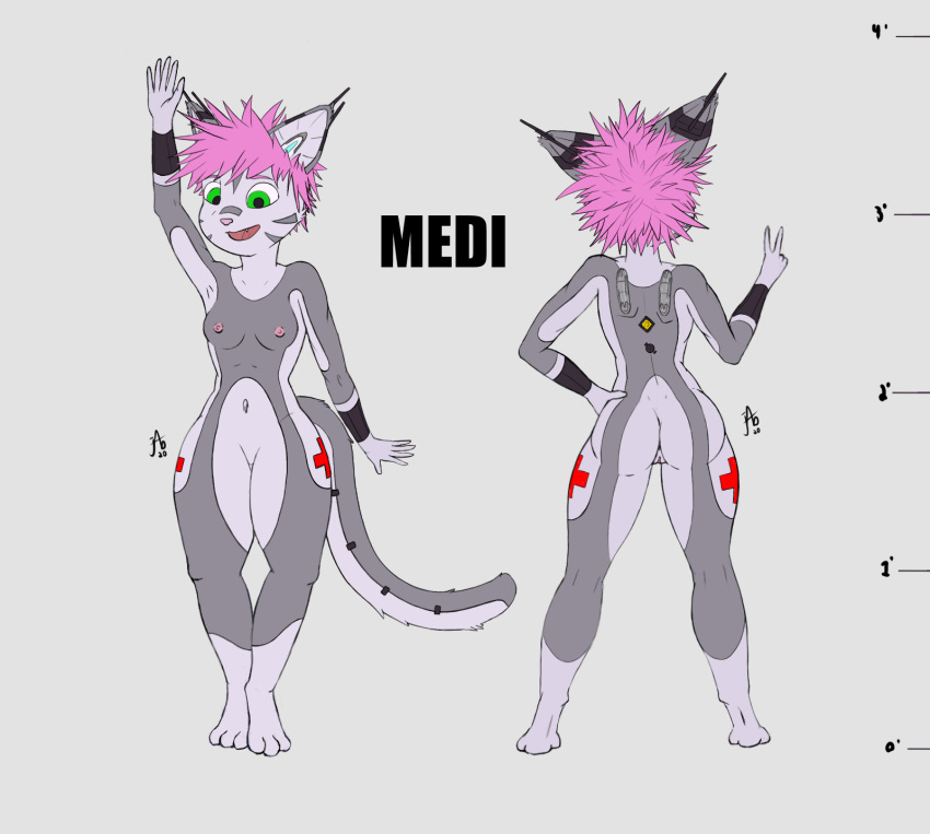 2020 android anthro breasts character_name digital_drawing_(artwork) digital_media_(artwork) female fur fur_markings genitals green_eyes hair hi_res justablank machine markings medi_(justablank) model_sheet nipples pink_hair robot signature solo