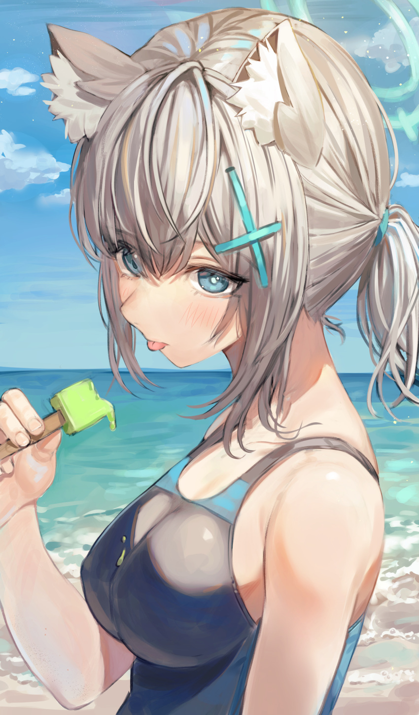 1girl absurdres animal_ear_fluff animal_ears bare_shoulders beach blue_archive blue_eyes blush breasts cross_hair_ornament extra_ears grey_hair hair_ornament halo highres looking_at_viewer medium_breasts medium_hair one-piece_swimsuit rangen shiroko_(blue_archive) shiroko_(swimsuit)_(blue_archive) short_ponytail sidelocks swimsuit wolf_ears