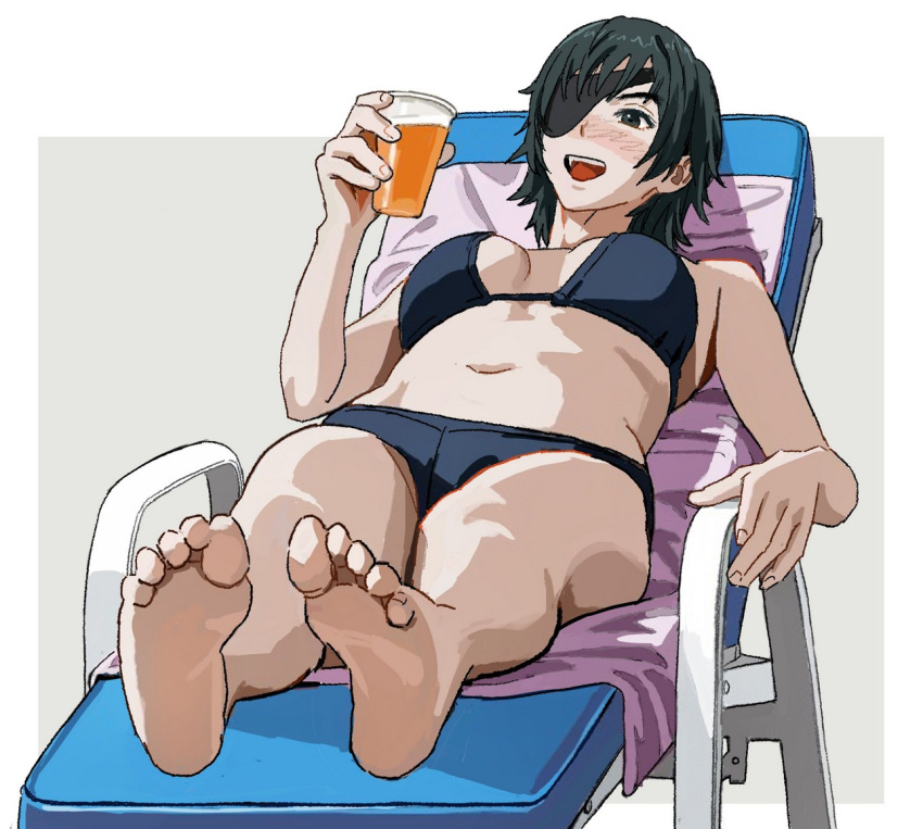 1girl alcohol barefoot beach_chair beer bikini black_bikini black_hair blush breasts chainsaw_man cup english_commentary eyepatch feet himeno_(chainsaw_man) holding holding_cup long_hair navel open_mouth shiren_(ourboy83) simple_background solo swimsuit towel