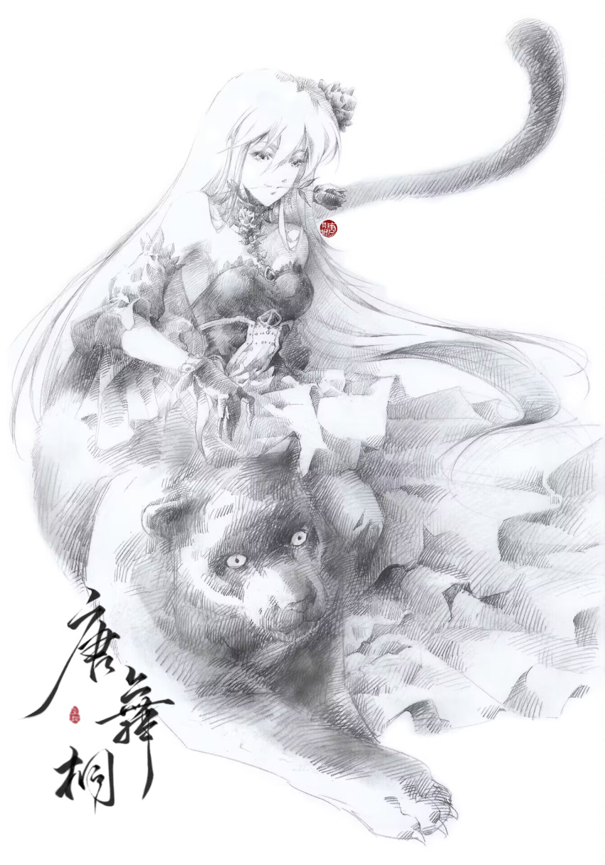 1girl artist_request bare_shoulders black_dress black_gloves black_panther detached_collar detached_sleeves douluo_dalu dress flower flower_in_mouth gloves graphite_(medium) greyscale hair_flower hair_ornament highres long_hair looking_down monochrome rose second-party_source sitting solo tang_wutong_(douluo_dalu) traditional_media upper_body