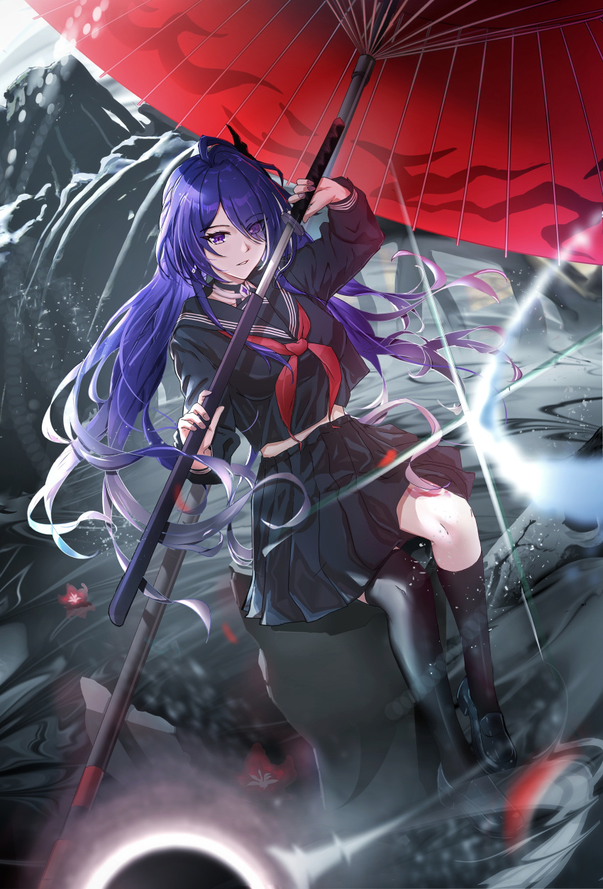 1girl absurdres acheron_(honkai:_star_rail) alternate_costume asymmetrical_legwear black_footwear black_hole black_serafuku commentary_request flower gradient_hair hair_over_one_eye highres holding holding_sword holding_weapon honkai:_star_rail honkai_(series) loafers long_hair long_sleeves multicolored_hair oil-paper_umbrella purple_eyes purple_hair red_flower red_umbrella revision sailor_collar school_uniform serafuku sheath shoes sitting solo streaked_hair sword umbrella unsheathing wangzili_shitoumen weapon