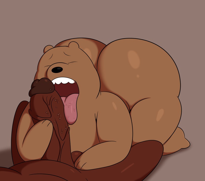 2024 absurd_res all_fours anthro balls bear big_balls big_butt big_penis black_nose brown_background brown_bear brown_body brown_ears brown_fur butt cartoon_network colossalstars digital_media_(artwork) duo eyes_closed fur genitals grizzly_(we_bare_bears) grizzly_bear hand_on_leg hand_on_penis hi_res huge_butt licking looking_pleasured lying male male/male mammal on_back oral penile penis penis_lick sex simple_background teeth thick_thighs three-quarter_view tongue tongue_on_penis tongue_out ursine vein veiny_penis we_bare_bears