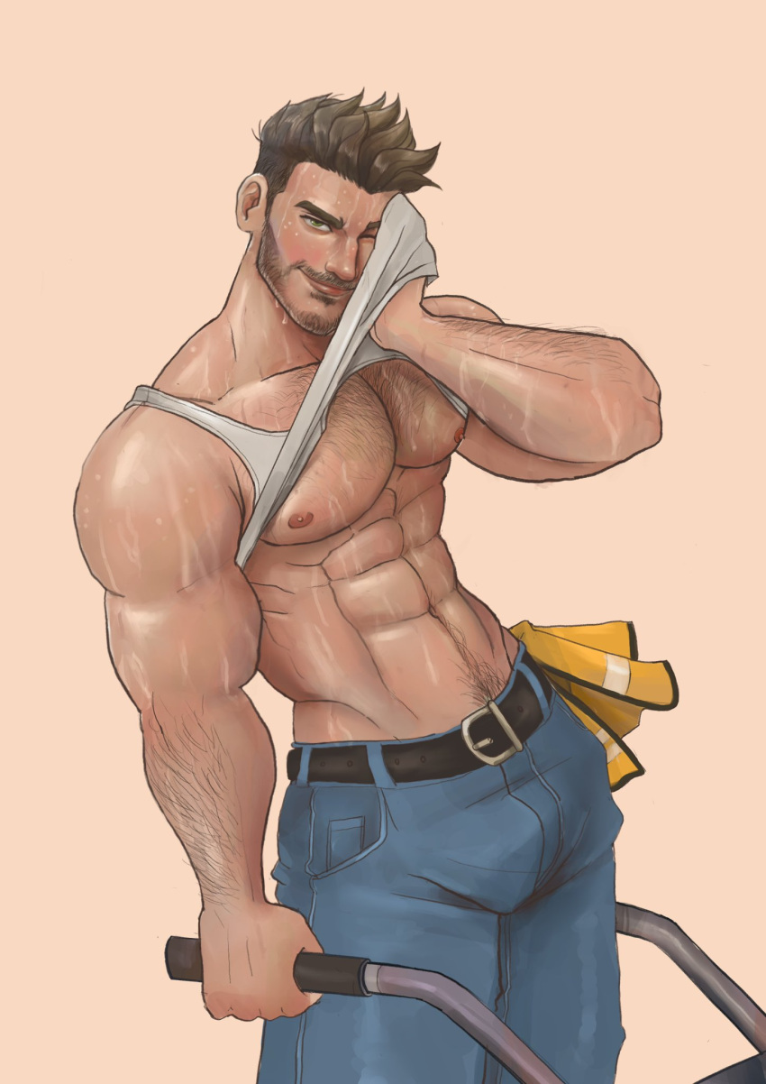 1boy abs arasgnes bara bare_pectorals beard_stubble brown_hair construction_worker coral_island cowboy_shot denim derek_(coral_island) facial_hair green_eyes hairy hard_hat head_tilt helmet highres jeans large_pectorals lifted_by_self looking_at_viewer male_focus mature_male muscular muscular_male navel navel_hair nipples one_eye_closed pants pectorals seductive_smile short_hair smile solo sparse_chest_hair stomach stubble sweat thick_eyebrows tsurime very_sweaty wiping_sweat