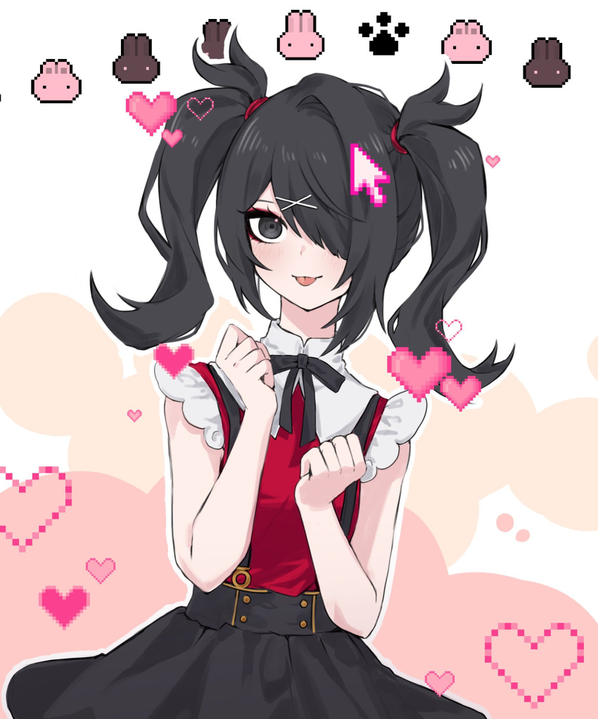 1girl ame-chan_(needy_girl_overdose) black_eyes black_hair black_ribbon black_skirt collared_shirt commentary_request cowboy_shot cursor hair_ornament hair_over_one_eye hands_up heart highres hy_(fjvlg) korean_commentary long_hair looking_at_viewer neck_ribbon needy_girl_overdose pixel_heart rabbit red_shirt ribbon shirt skirt smile solo standing suspender_skirt suspenders tongue tongue_out twintails x_hair_ornament