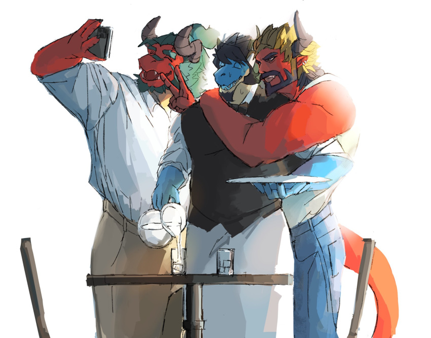 alternate_universe another_eidos_of_dragon_vein_r anthro apron atmos_(anothereidos_r) beard black_hair blue_body blue_scales bow_tie cellphone clothing demon dragon electronics facial_hair folker_(anothereidos_r) goatee group hair hi_res horn humanoid lucifer_(anothereidos_r) male modern_au mythological_creature mythological_scalie mythology phone red_body red_scales red_skin scales scalie selfie tan_body tan_scales teal_hair tomita_dayo waiter water_pitcher