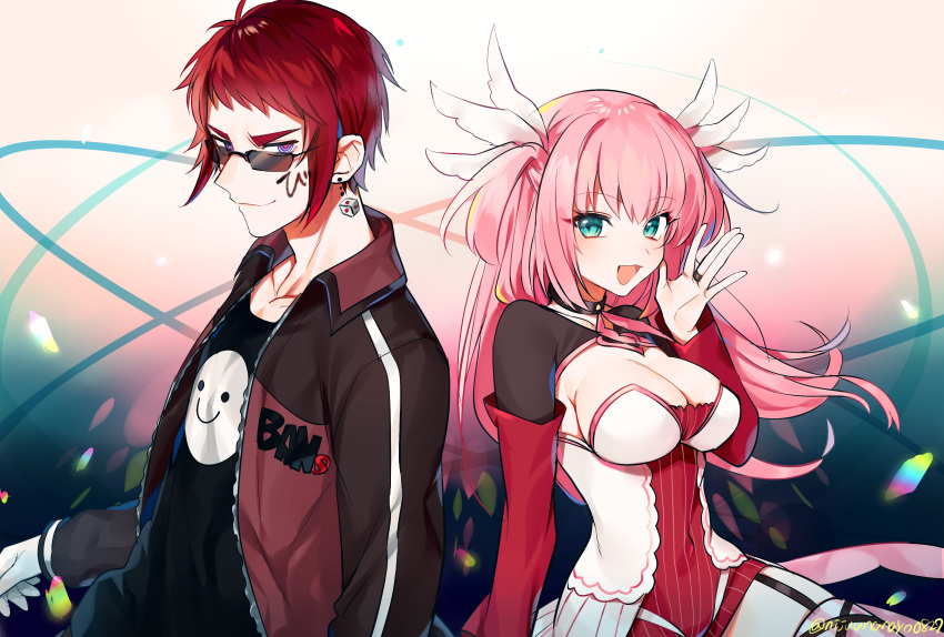 1boy 1girl absurdres back-to-back bans black_jacket black_shirt black_sleeves blue_eyes breasts cleavage closed_mouth commentary_request cowboy_shot dice_earrings dress drop_earrings earrings facial_mark fairys_(vtuber) floating_hair garter_straps gloves hand_up highres indie_virtual_youtuber jacket jewelry large_breasts layered_sleeves lens_flare long_hair looking_at_viewer microdress multicolored_clothes multicolored_eyes multicolored_jacket ninahachi open_clothes open_jacket open_mouth pink_background pink_hair red_dress red_eyes red_hair red_jacket red_sleeves shirt short_hair shrug_(clothing) smile smiley_face strapless strapless_dress sunglasses tenkai_tsukasa thighhighs track_jacket twitter_username two_side_up v-shaped_eyebrows virtual_youtuber white_gloves wing_hair_ornament