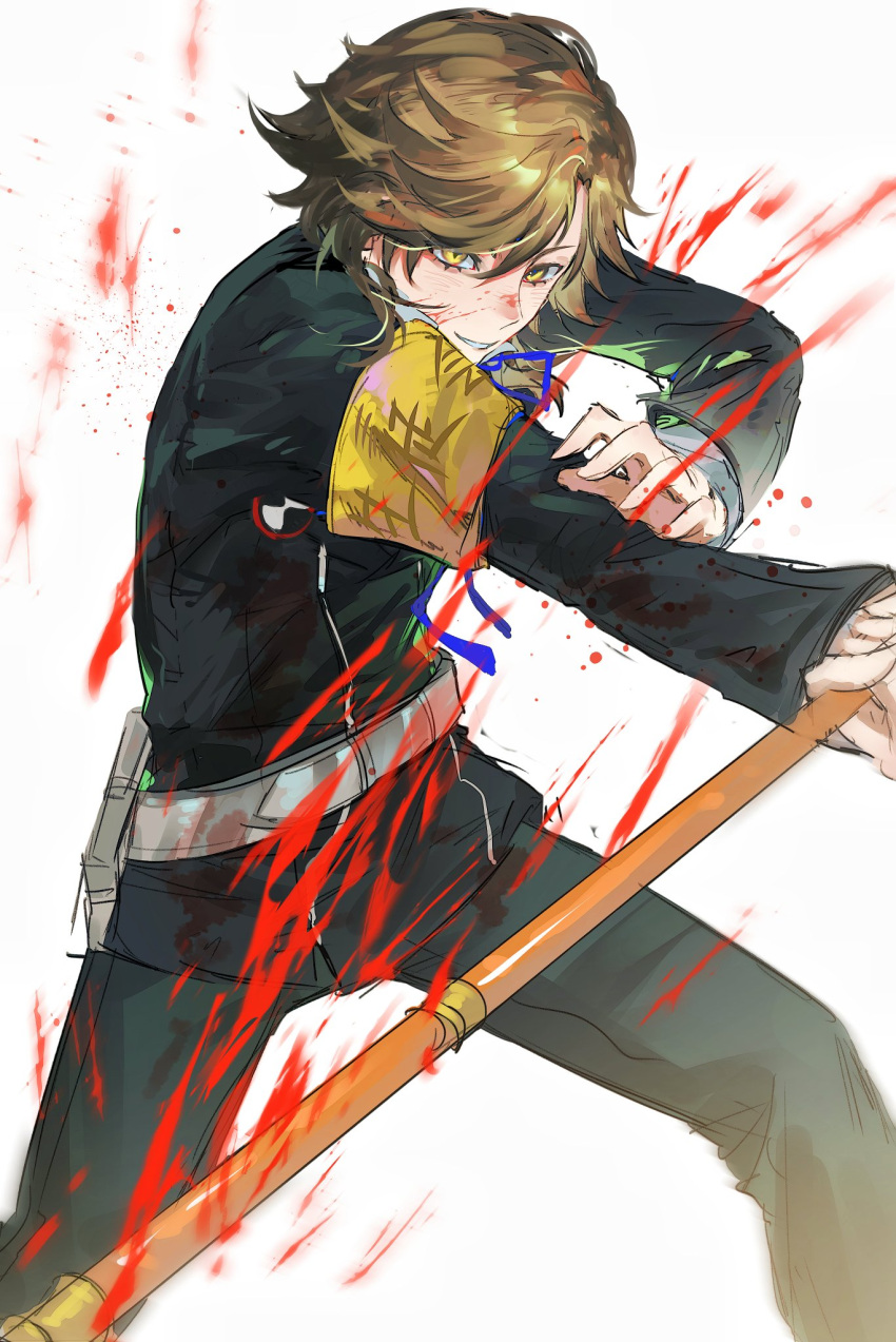 1boy amada_ken armband belt blood blood_on_clothes blood_on_face blood_splatter blood_stain brown_hair dynamic_pose evil_smile eyelashes fighting fighting_stance gekkoukan_high_school_uniform grey_background highres holding holding_weapon long_sleeves looking_at_viewer male_focus miko_66 persona persona_3 persona_4:_the_ultimate_in_mayonaka_arena school_uniform short_hair smile solo weapon white_belt yellow_armband yellow_eyes