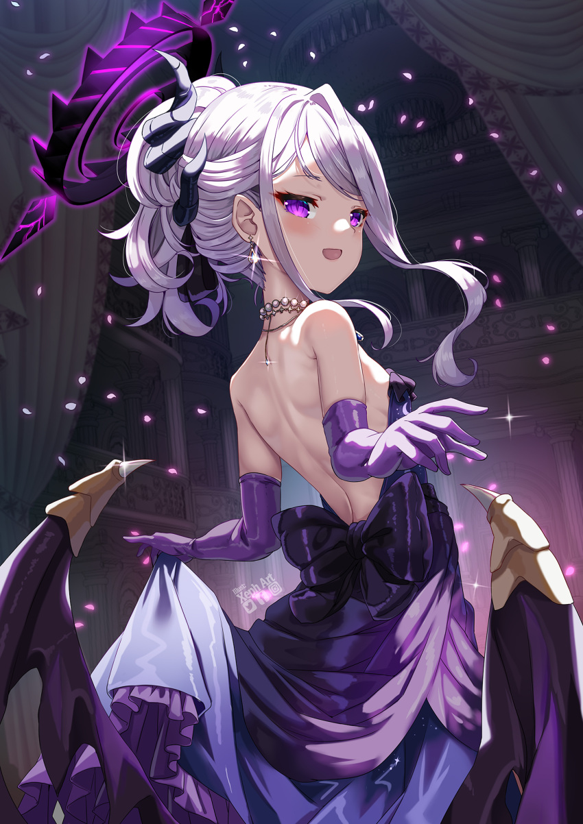 1girl :d artist_logo back backless_dress backless_outfit bare_shoulders black_horns blue_archive blush breasts commentary_request dangle_earrings demon_horns demon_wings dress earrings elbow_gloves from_behind gloves grey_hair halo highres hina_(blue_archive) hina_(dress)_(blue_archive) horns jewelry long_hair looking_at_viewer looking_back multiple_horns necklace official_alternate_costume official_alternate_hairstyle open_mouth purple_dress purple_eyes purple_gloves purple_wings sleeveless sleeveless_dress small_breasts smile solo standing strapless strapless_dress wings xephonia