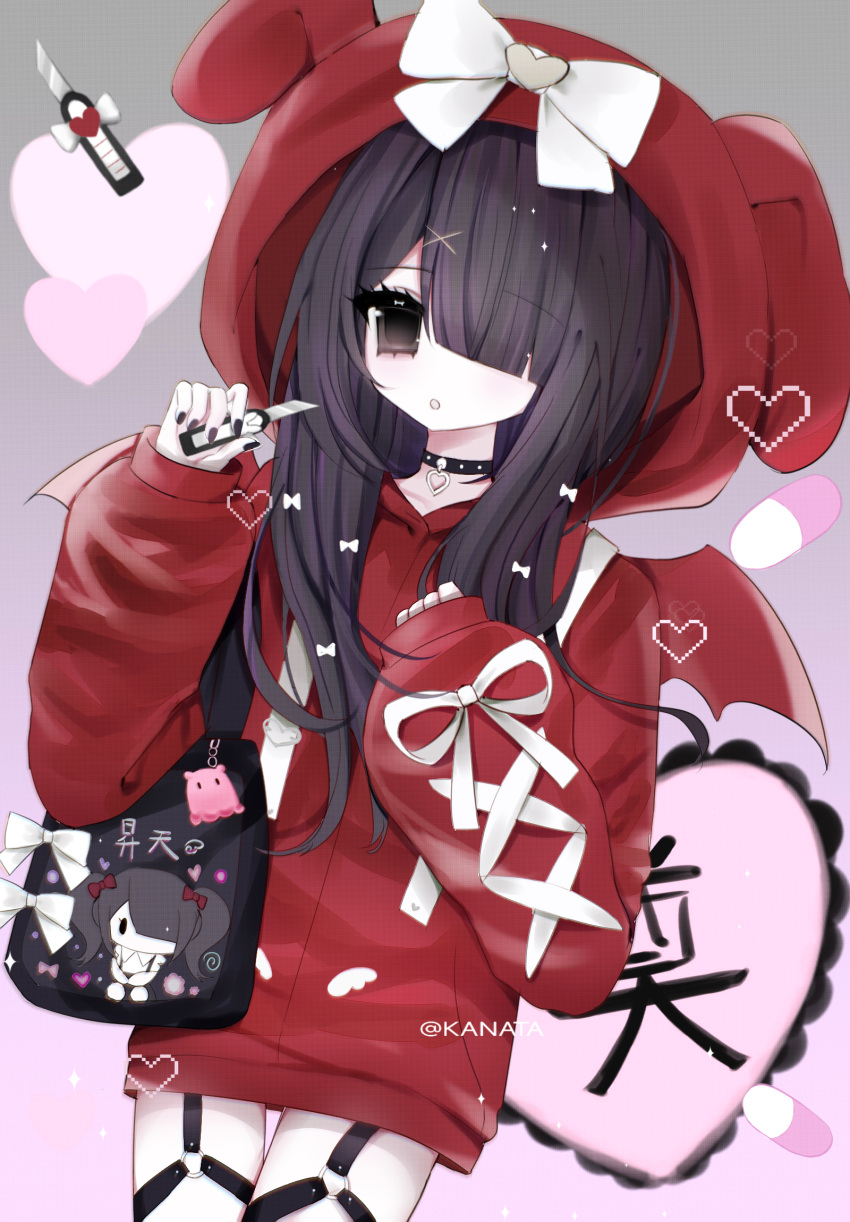 1girl ame-chan_(needy_girl_overdose) animal_hood black_bag black_choker black_hair black_nails boxcutter chinese_commentary choker commentary_request cowboy_shot demon_wings grey_background hair_down hair_ornament hair_over_one_eye hands_up heart highres holding_boxcutter hood hood_up hoodie long_hair long_sleeves looking_at_viewer nail_polish needy_girl_overdose octopus official_alternate_costume official_alternate_hairstyle open_mouth pill rabbit_hood red_hoodie red_wings ribbon sleeves_past_wrists solo standing white_ribbon wings x_hair_ornament yangguang_kailang_yinan_bi