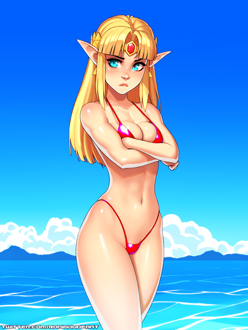 1girl absurdres bangs bikini blonde_hair blue_eyes blue_sky breasts circlet cleavage commentary covered_nipples crossed_arms day earrings english_commentary forehead_jewel highleg highleg_bikini highres jewelry lips long_hair looking_away medium_breasts micro_bikini navel nose ocean pointy_ears pout princess_zelda red_bikini ronindude shiny shiny_skin sky solo spaghetti_strap standing straight_hair strap_gap swimsuit the_legend_of_zelda thick_eyebrows triangle_earrings water watermark web_address wide_hips