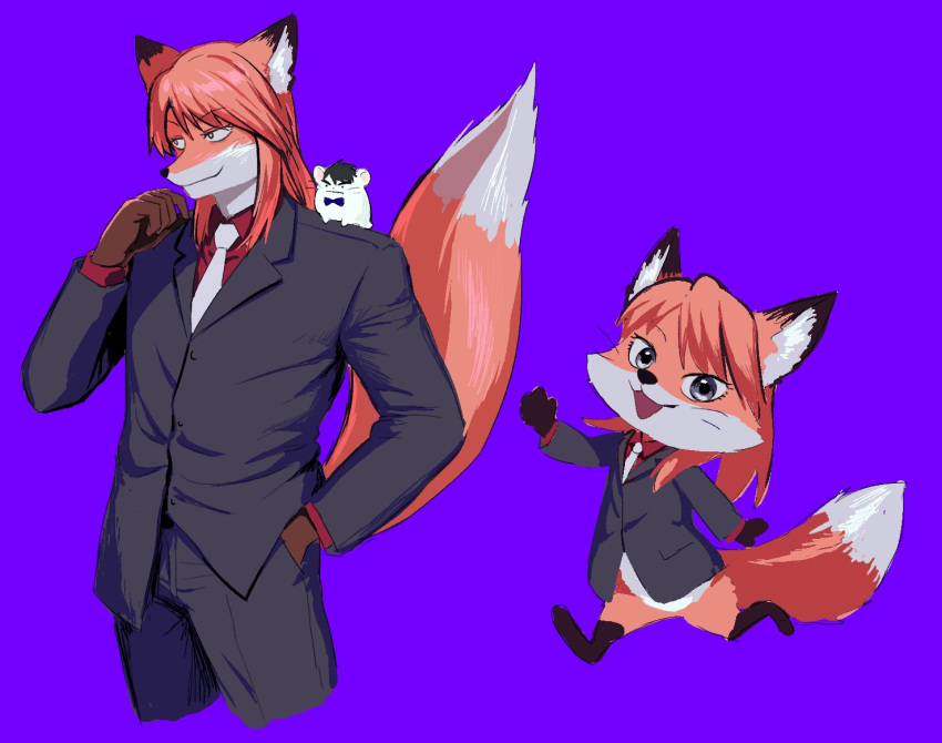 2boys black_eyes black_hair black_jacket black_pants blazer blue_bow blue_bowtie bow bowtie closed_mouth cowboy_shot fox_boy furrification furry furry_male ichijou_seiya jacket kaiji long_hair long_sleeves looking_afar looking_at_viewer male_focus medium_bangs mini_person miniboy mouse_boy multiple_boys multiple_views murakami_tamotsu necktie open_mouth pants pink_hair purple_background red_shirt shirt simple_background smile suit white_necktie yologyeolseogchung-gyeogpaswaeseogsul