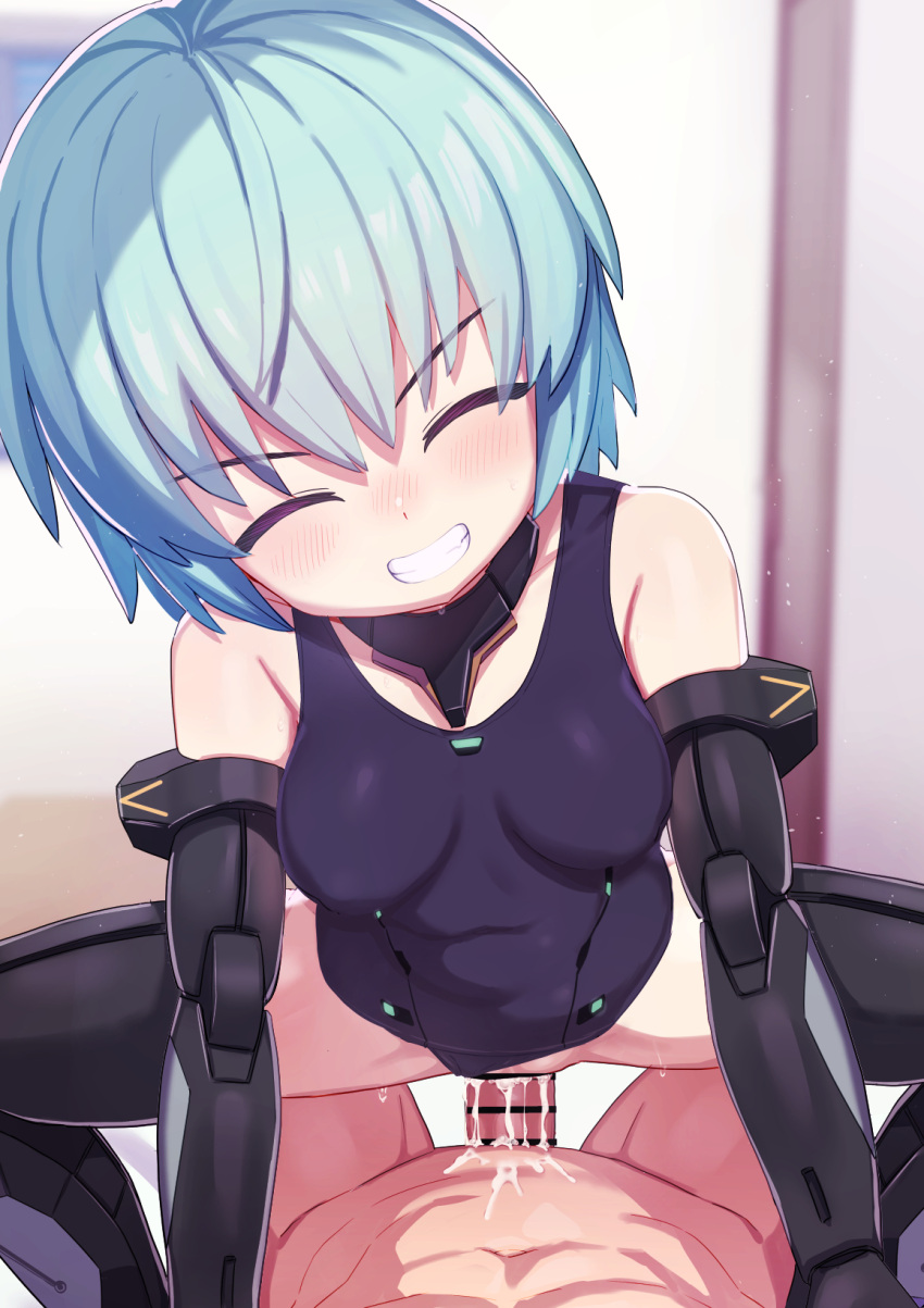 1boy 1girl arm_support bar_censor blue_hair breasts censored closed_eyes clothed_female_nude_male clothed_sex clothing_aside commission cum cum_in_pussy erection frame_arms_girl girl_on_top grin head_tilt hetero highres hresvelgr joints lolicom medium_breasts nude one-piece_swimsuit penis pov pussy robot_joints sex short_hair skeb_commission smile squatting squatting_cowgirl_position swimsuit swimsuit_aside teeth vaginal