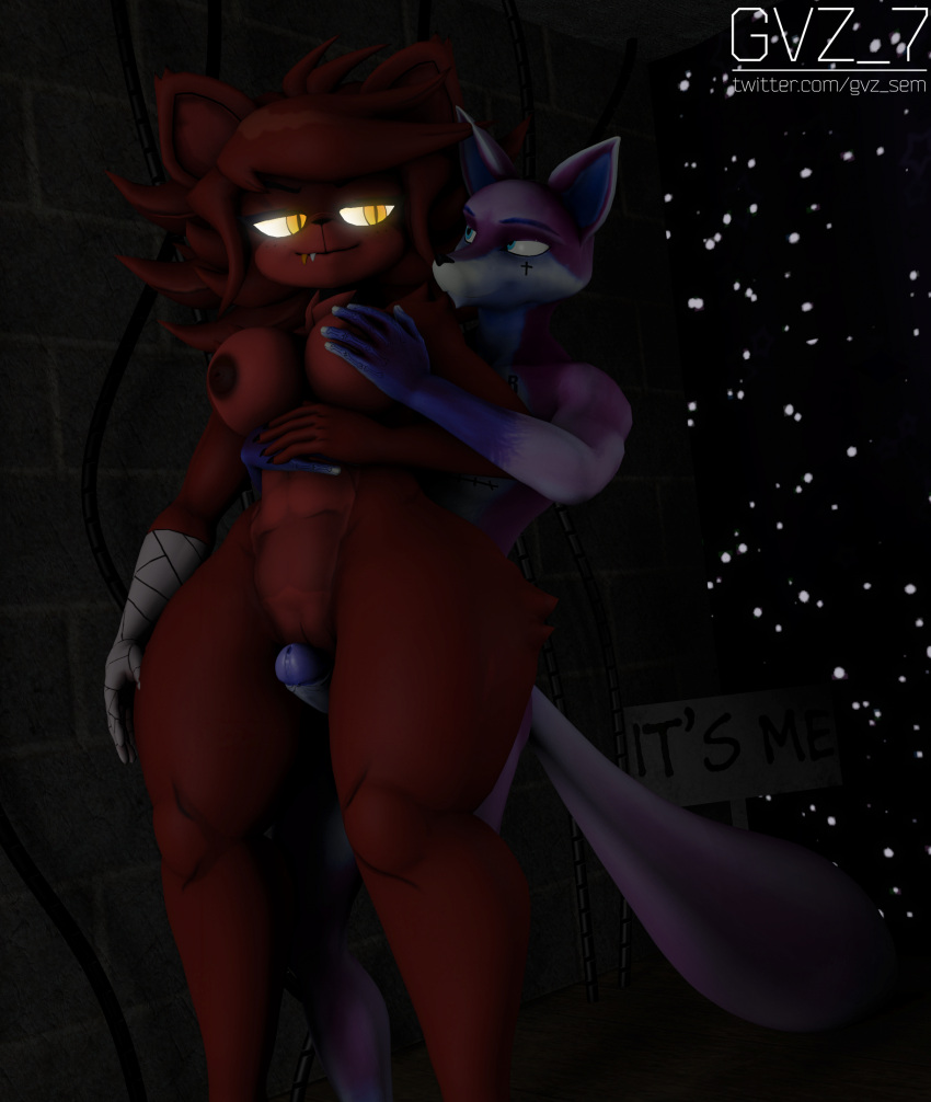 anthro between_legs breasts canid canine canis duo fazclaire's_nightclub female fexa_(cryptiacurves) five_nights_at_freddy's fox foxy_(fnaf) genitals gvz_7 hi_res male male/female mammal penis scottgames striker_(gvz_7) wolf