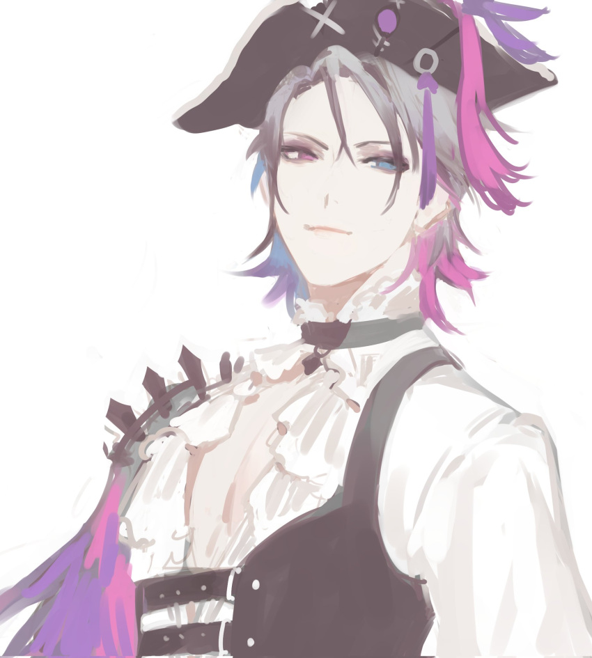 1boy black_choker black_eyeshadow blue_eyes blue_hair choker closed_mouth commentary eyeshadow feather_cape frilled_shirt frills gavis_bettel gavis_bettel_(2nd_costume) gimn grey_hair hair_between_eyes hat heterochromia highres holostars holostars_english looking_at_viewer makeup male_focus multicolored_hair pale_color pink_eyes pink_hair shirt short_hair simple_background sketch smile solo upper_body virtual_youtuber white_background