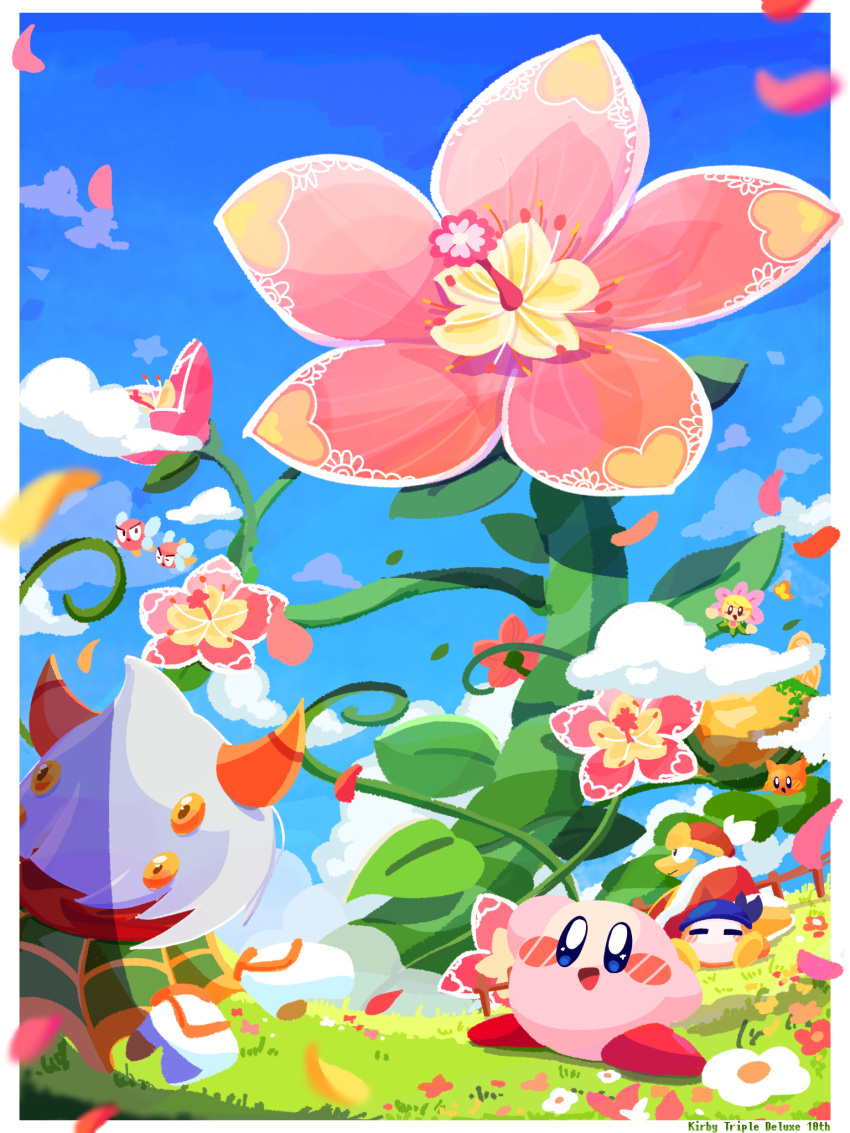 anniversary bandana bandana_waddle_dee blue_bandana blush_stickers bronto_burt cape dreamstalk flower grass highres horns king_dedede kirby kirby:_triple_deluxe kirby_(series) omame_sakana people_of_the_sky petals pink_flower pom_pom_(clothes) rayman_limbs red_scarf scarf scarfy solid_oval_eyes taranza white_hair