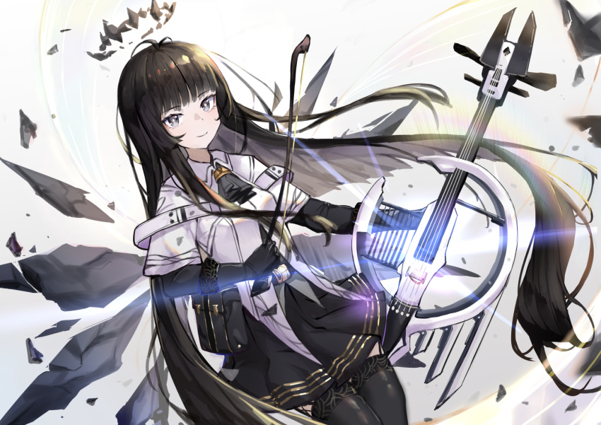 1girl antenna_hair arknights ascot belt belt_buckle belt_pouch black_ascot black_belt black_garter_straps black_gloves black_hair black_halo black_skirt black_thighhighs black_wings bow_(music) breasts bright_pupils broken_halo buckle cello chinese_commentary closed_mouth collared_jacket commentary_request cowboy_shot dark_halo detached_wings dutch_angle energy_wings floating_hair garter_straps gloves grey_background grey_eyes grey_hair halo holding holding_bow_(music) holding_instrument instrument jacket layered_sleeves lens_flare long_hair long_sleeves looking_at_viewer miniskirt pleated_skirt pouch rainbow_(pixiv_66183854) revision short-sleeved_jacket short_over_long_sleeves short_sleeves simple_background skirt small_breasts smile solo staff_(music) standing straight_hair strap thighhighs very_long_hair virtuosa_(arknights) white_jacket white_pupils wide_sleeves wing_collar wings zettai_ryouiki