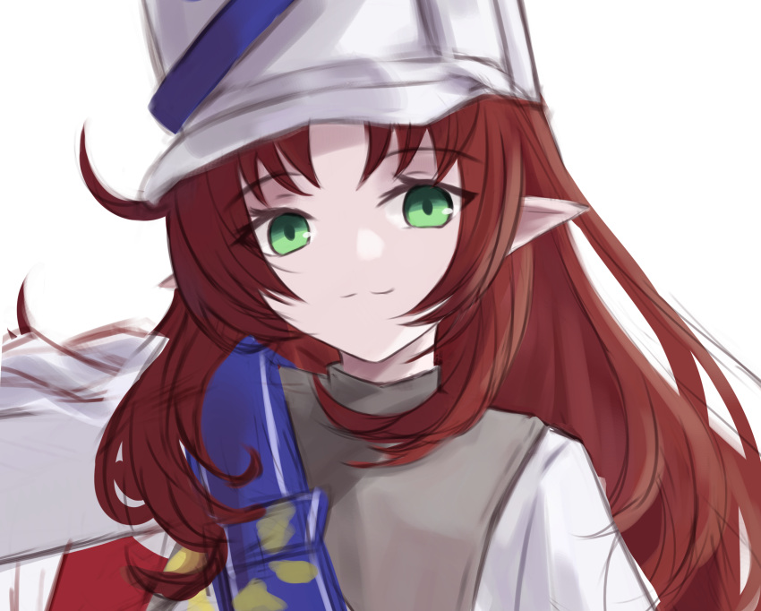 1girl arknights blue_sash commentary_request green_eyes hat highres jacket kiwicci long_hair looking_at_viewer myrtle_(arknights) myrtle_(light_gold_celebration)_(arknights) official_alternate_costume pointy_ears red_hair sash shako_cap shirt simple_background solo white_background white_hat white_jacket white_shirt