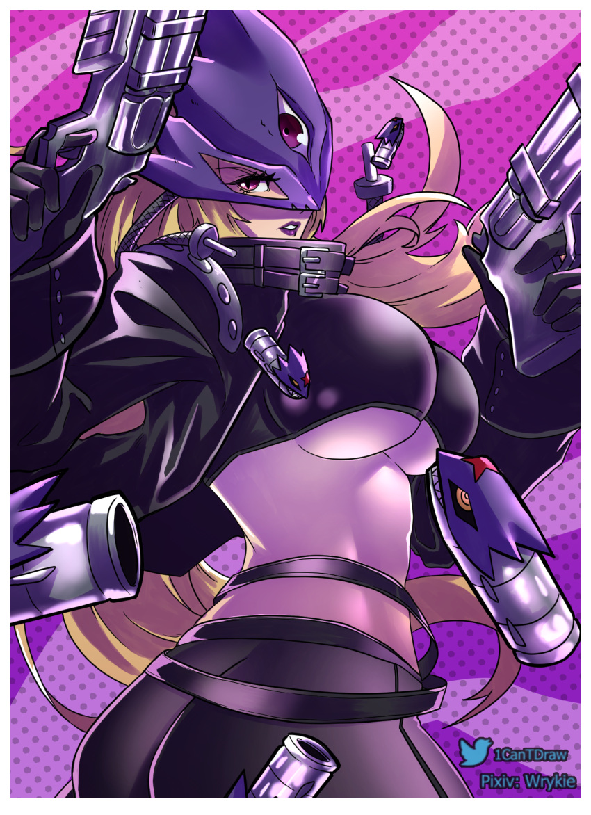 1girl ass beelstarmon belt belt_collar black_gloves black_jacket black_mask black_pants black_scarf blonde_hair breasts bullet collar commentary_typo cowboy_shot cropped_vest digimon digimon_(creature) dual_wielding english_commentary eye_mask finger_on_trigger gift_art gloves gun halftone halftone_background hands_up highres holding holding_gun holding_weapon jacket large_breasts leather leather_jacket leather_pants lipstick long_hair long_sleeves looking_at_viewer makeup mask open_clothes open_jacket pants parted_lips pixiv_username purple_background purple_eyes purple_lips richard_park scarf sidelocks solo standing stomach third_eye tight_clothes tight_pants twisted_torso twitter_username underboob vest weapon