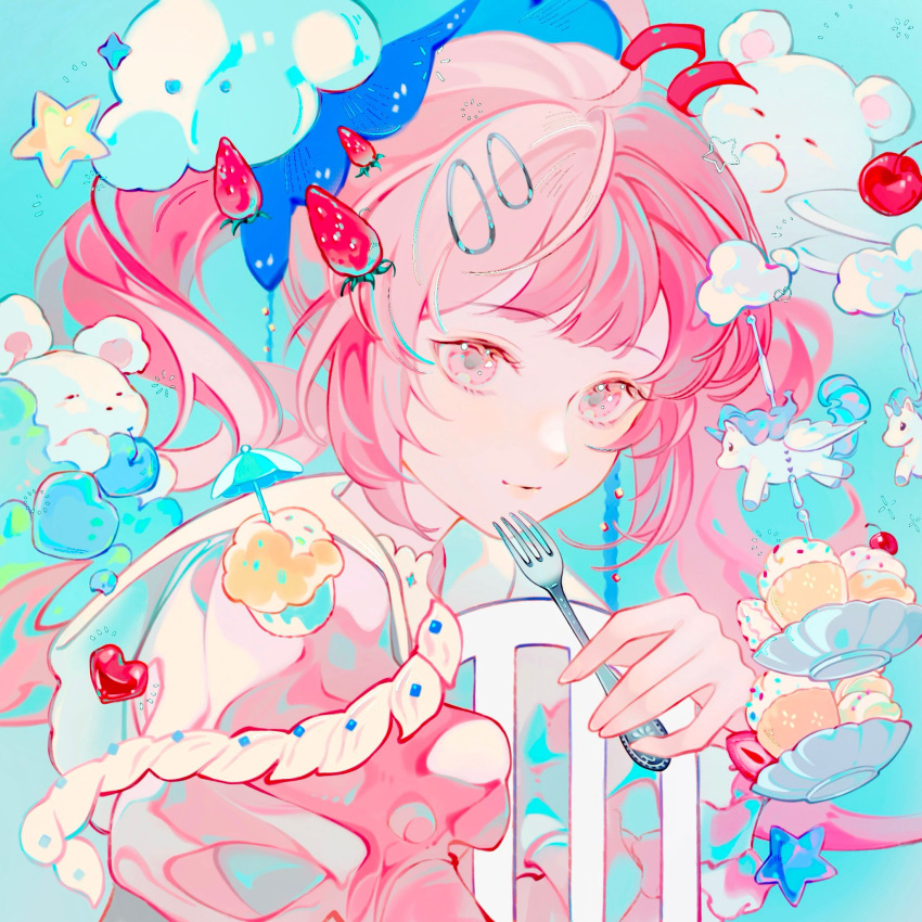 1girl animal bear blue_background cherry cirrika closed_mouth cloud colored_eyelashes cupcake curly_hair eyelashes food fork fruit heart highres holding holding_fork light_smile looking_at_viewer multiple_tails original pink_eyes pink_hair pink_sleeves plate ponytail puffy_sleeves smile sprinkles square star_(symbol) strawberry tail two_tails umbrella unicorn wispy_bangs