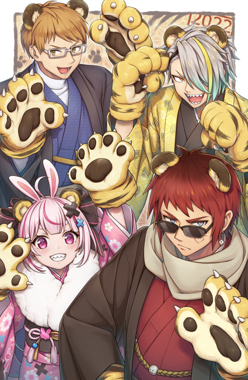 1girl 2022 3boys animal_ears animal_hands arm_up bans black_kimono blue_eyes blue_kimono blush border brown_hair brown_scarf chinese_zodiac closed_mouth commentary_request dice_earrings drop_earrings earrings extra_ears fake_animal_ears frown fur-trimmed_kimono fur_trim gatchmanv glasses gloves gradient_hair grin hair_over_one_eye hand_on_own_hip hand_up hands_up haori highres indie_virtual_youtuber japanese_clothes jewelry kimono long_bangs long_sleeves looking_at_viewer looking_over_eyewear maasa multicolored_eyes multicolored_hair multiple_boys one_eye_covered open_mouth outside_border paw_gloves paw_pose pink_eyes pink_kimono print_kimono rabbit_ears red_eyes red_hair red_kimono scar scar_on_cheek scar_on_face scarf sharp_teeth short_hair smile streaked_hair sunglasses symbol-shaped_eyes teeth tenkai_tsukasa tiger_ears tomari_mari utai_meika v-shaped_eyebrows virtual_youtuber white_border wide_sleeves year_of_the_tiger yellow_eyes