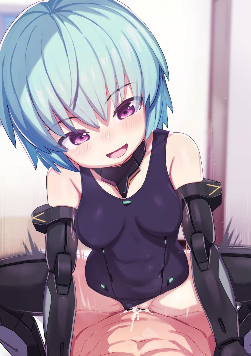 1boy 1girl arm_support bar_censor blue_hair breasts censored clothed_female_nude_male clothed_sex clothing_aside commission cum cum_in_pussy ejaculation frame_arms_girl girl_on_top head_tilt hetero highres hresvelgr joints lolicom looking_down medium_breasts nude one-piece_swimsuit open_mouth pov purple_eyes pussy robot_joints sex short_hair skeb_commission smile squatting squatting_cowgirl_position swimsuit swimsuit_aside vaginal