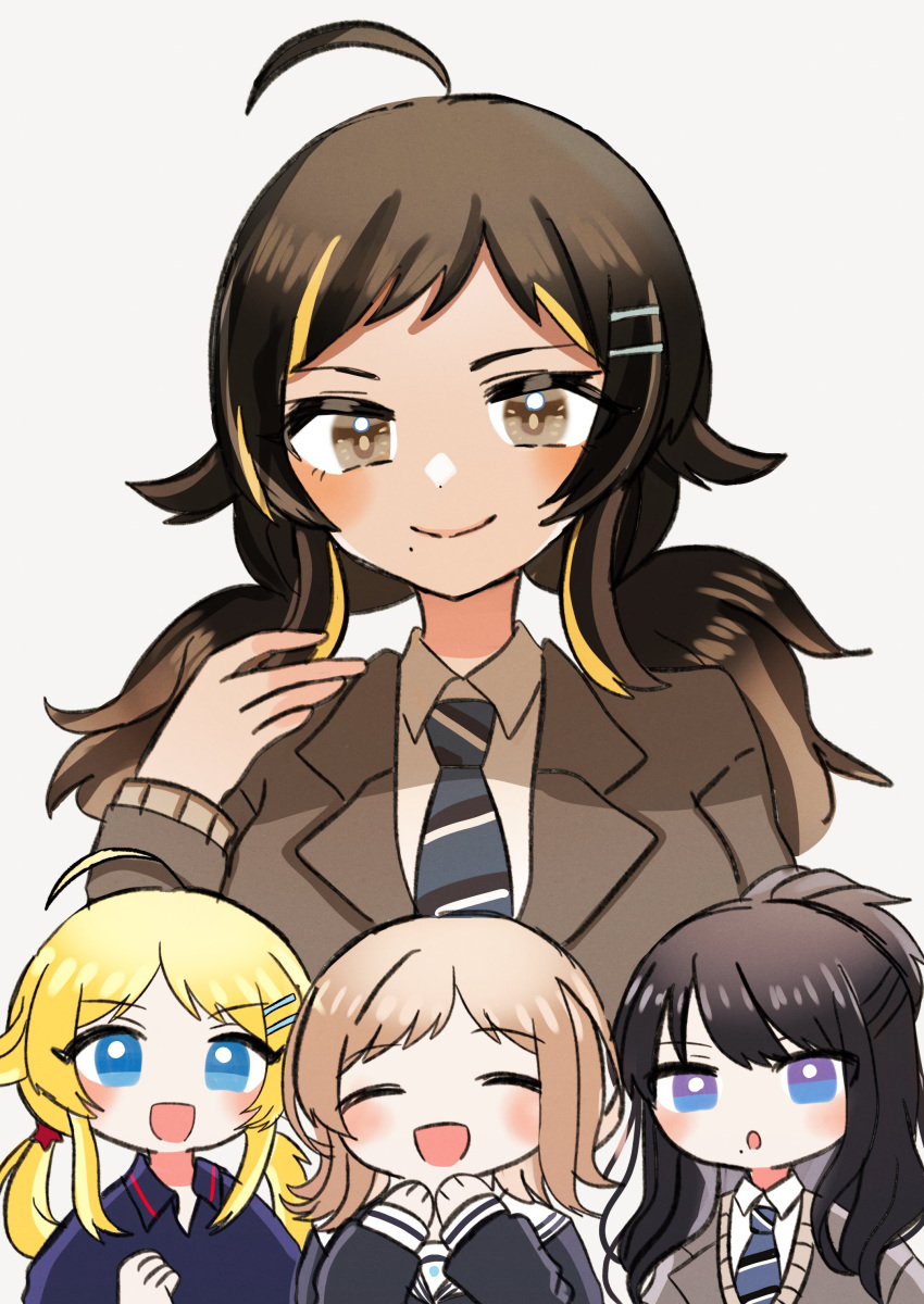 4girls ^_^ absurdres ahoge black_hair blazer blonde_hair blush closed_eyes fusion grey_jacket hachimiya_meguru hair_flaps highres idolmaster idolmaster_shiny_colors illumination_stars_(idolmaster) jacket kazano_hiori long_sleeves looking_at_viewer mole mole_under_mouth multicolored_hair multiple_girls rurugreen sakuragi_mano sakurakazamiya_himeno school_uniform simple_background smile streaked_hair twintails upper_body white_background