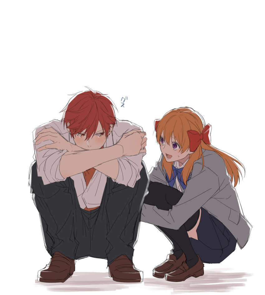 1boy 1girl black_thighhighs blue_skirt blush bow brown_footwear comforting commentary_request covering_face crossed_arms embarrassed full_body gekkan_shoujo_nozaki-kun grey_jacket hair_between_eyes hair_bow highres hugging_own_legs jacket long_hair looking_at_another mikoshiba_mikoto open_mouth orange_hair purple_eyes red_eyes red_hair sakura_chiyo school_uniform shirt short_hair simple_background skirt smile squatting ss023xx sweatdrop tearing_up tears thighhighs white_background white_shirt