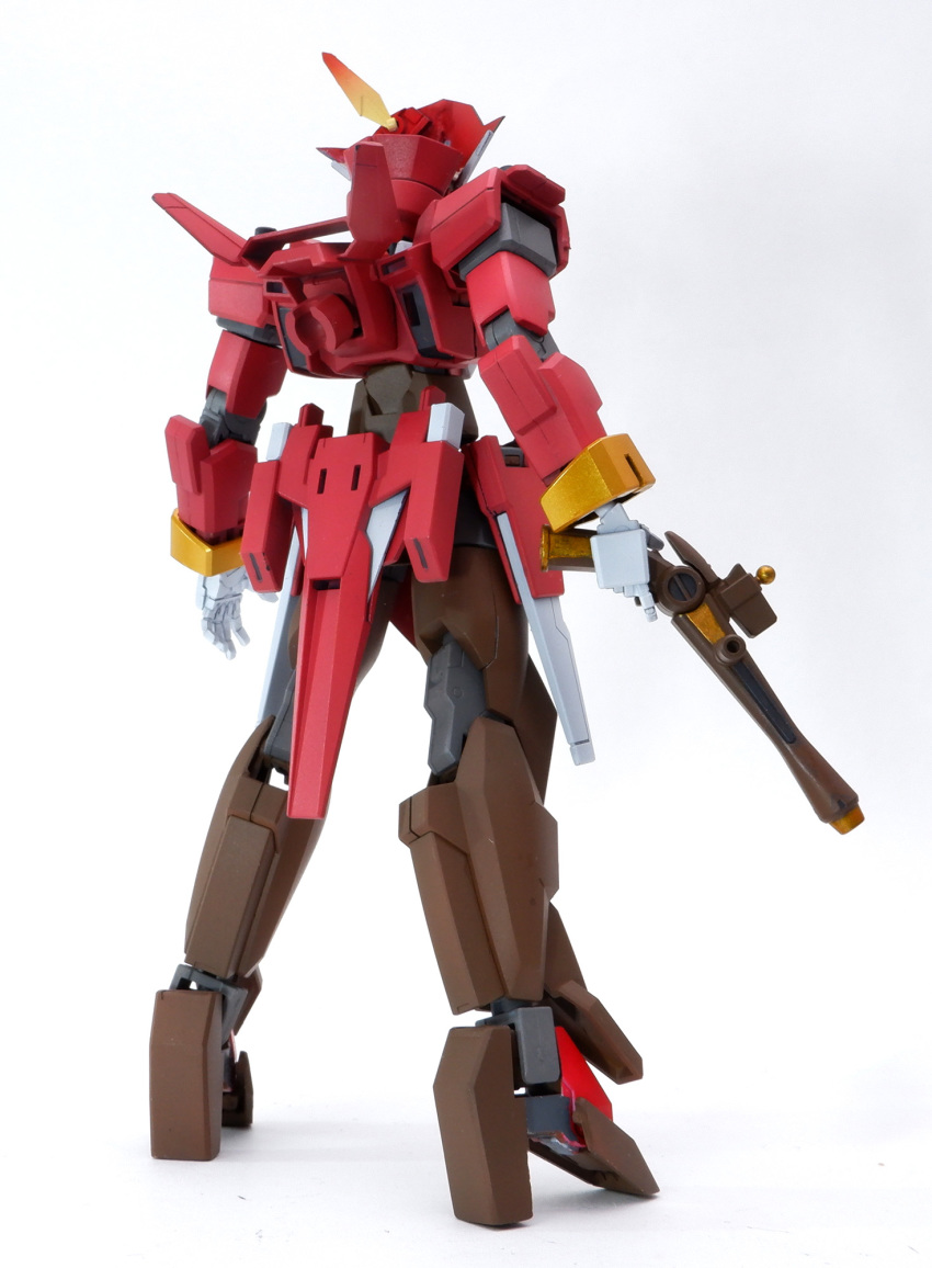 crossbone_gundam crossbone_gundam_x-1_full_cloth from_behind fusion gun gundam gundam_age gundam_age-2_darkhound gunpla highres holding holding_gun holding_weapon hololive houshou_marine mecha nakano_(alc) no_humans open_hand photo_(medium) plamo solo standing weapon white_background