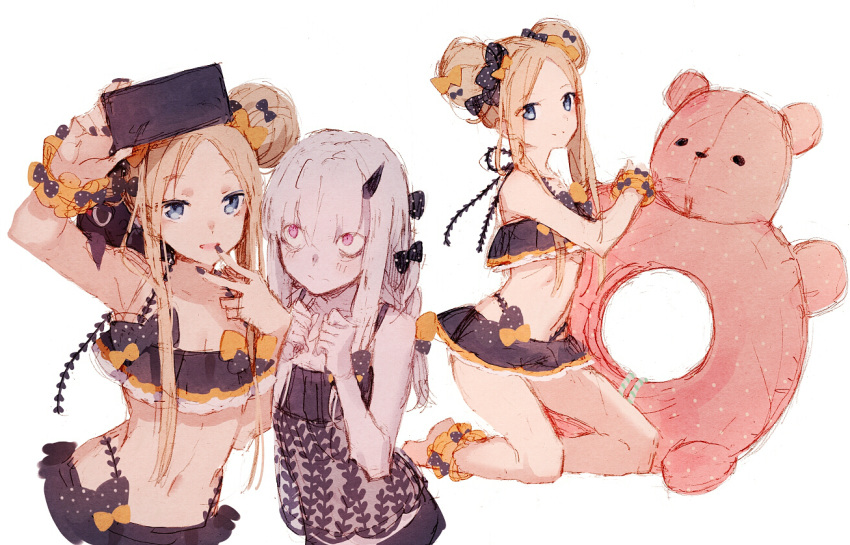 2girls abigail_williams_(fate/grand_order) bangs bare_shoulders bikini black_bikini black_bow black_skirt blonde_hair blue_eyes blush bow breasts collarbone double_bun emerald_float fate/grand_order fate_(series) forehead frilled_bikini frills hakusai_(tiahszld) lavinia_whateley_(fate/grand_order) long_hair looking_at_viewer microskirt multiple_bows multiple_girls multiple_views navel orange_bow parted_bangs polka_dot polka_dot_bow sidelocks skirt small_breasts swimsuit thighs