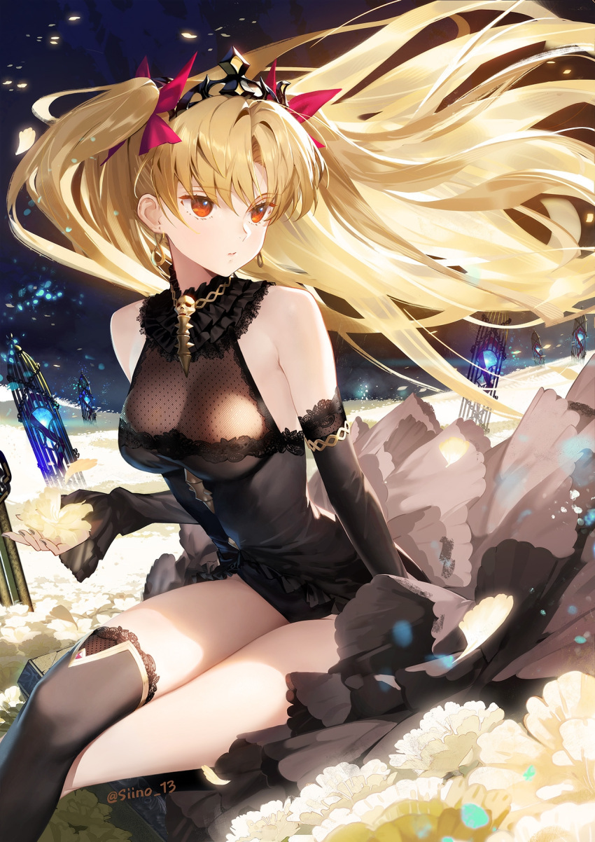 1girl alternate_costume bare_shoulders birdcage black_dress black_thighhighs blonde_hair breasts cage chain closed_mouth crossed_legs detached_sleeves dress earrings ereshkigal_(fate) fate/grand_order fate_(series) field floating_hair flower flower_field gold_chain hair_ribbon highres hoop_earrings jewelry lace lace-trimmed_sleeves lace-trimmed_thighhighs lace_trim long_hair looking_to_the_side medium_breasts neck_ruff necklace orange_eyes parted_bangs petals ribbon siino single_thighhigh sitting skull skull_necklace solo thighhighs thighs tiara twitter_username two_side_up very_long_hair yellow_flower