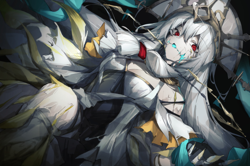 1girl ankoro_mochi aqua_ribbon arknights black_background blue_tongue breasts cleavage colored_tongue commentary dress empty_eyes expressionless gauntlets layered_dress long_hair looking_at_viewer lying off-shoulder_dress off_shoulder official_alternate_costume on_back phoenix_crown red_eyes ribbon scar scar_on_face scar_on_mouth simple_background skadi_(arknights) skadi_the_corrupting_heart_(arknights) skadi_the_corrupting_heart_(sublimation)_(arknights) solo white_dress white_hair